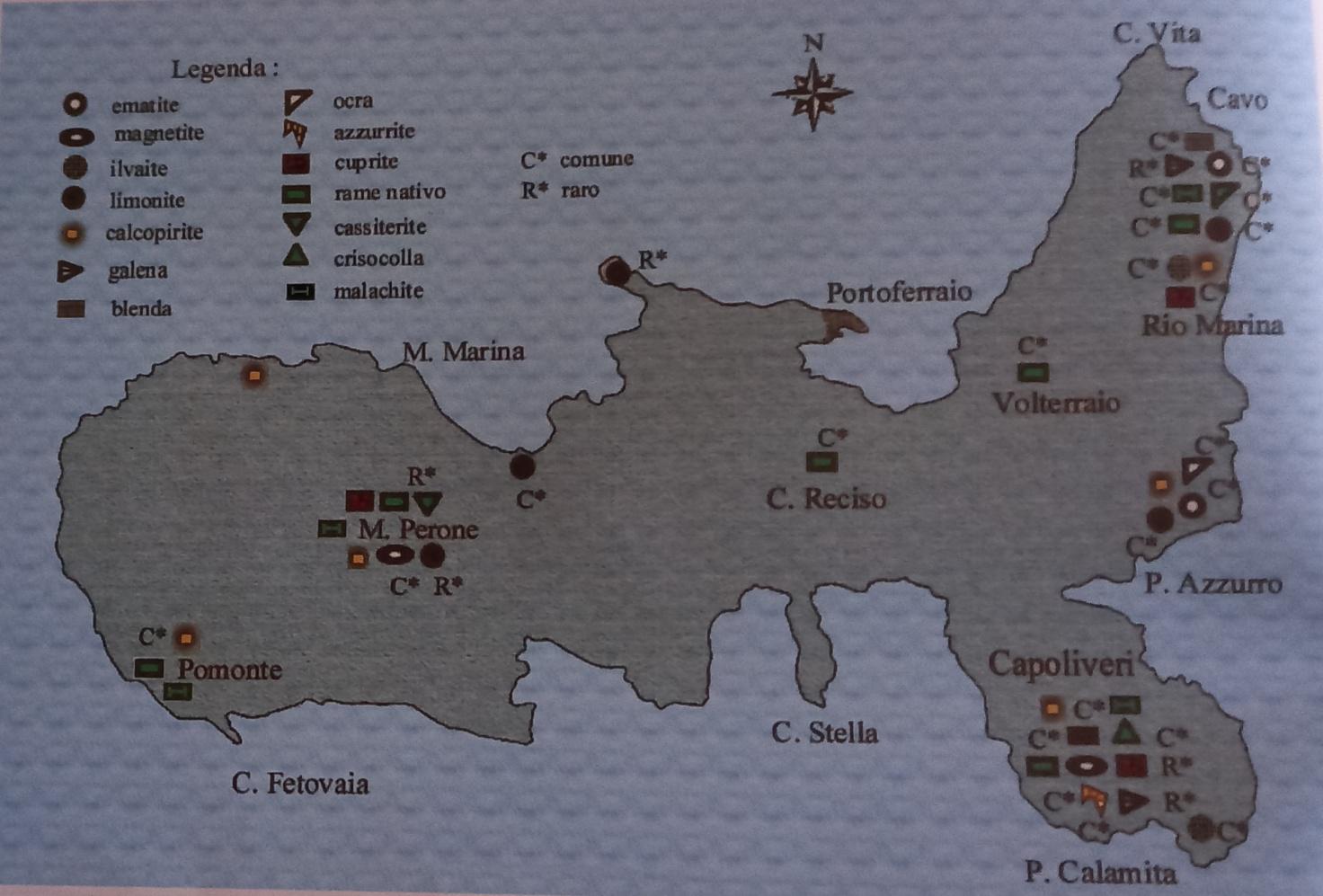 Elba.Mappa di distribuzione dei minerali di rame
