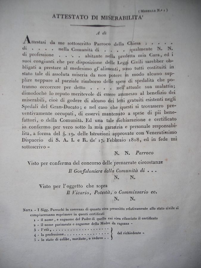 Portoferraio 1818.Modulo per attestato di miserabilità