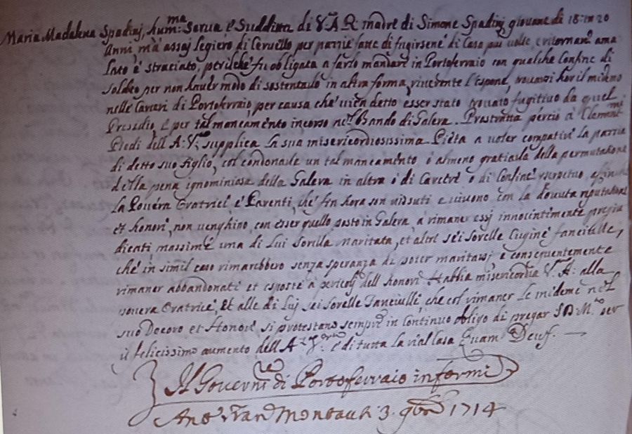 Carta della supplica manoscritta da Maria Maddalena Spadini