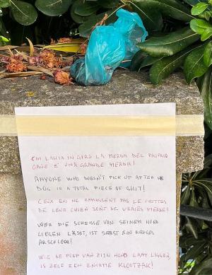 Artigianale e gentile invito multilingue a raccogliere le cacchine dei propri cani