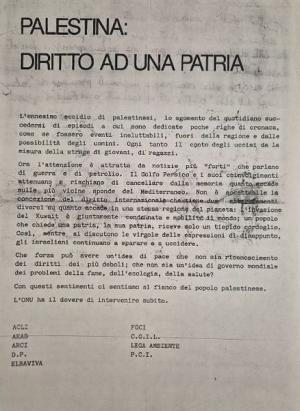&quot;Palestina: diritto ad una patria&quot; in un volantino del 1990